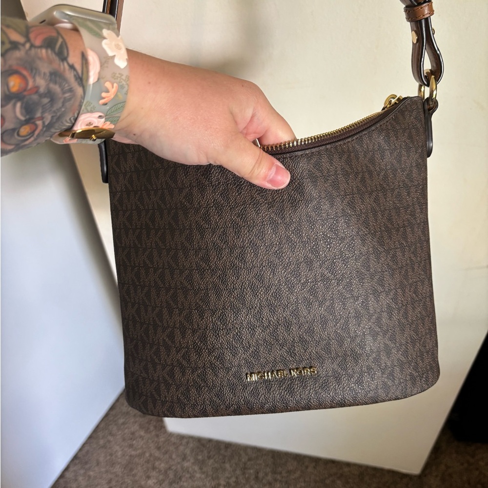 Michael Kors Brown Messenger Bag with Monogram Print and Gold Hardware